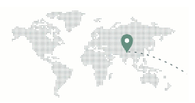 Dotted world map with a teal location pin over South Asia and a dashed connector to the right
